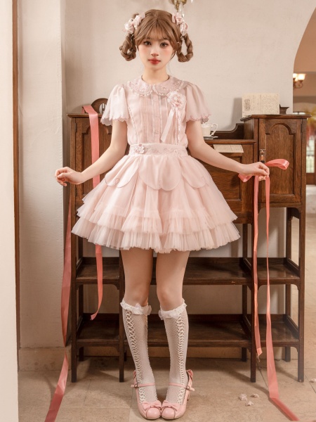 [£58.43]Pink Sakura Embroidery Waist Lolita Skirt