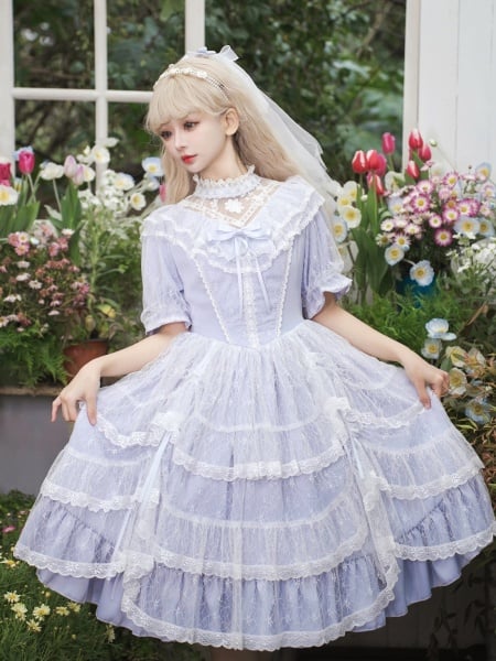 Light Purple Edward Neck White Lace Overlay Skirt Classic Lolita One Piece