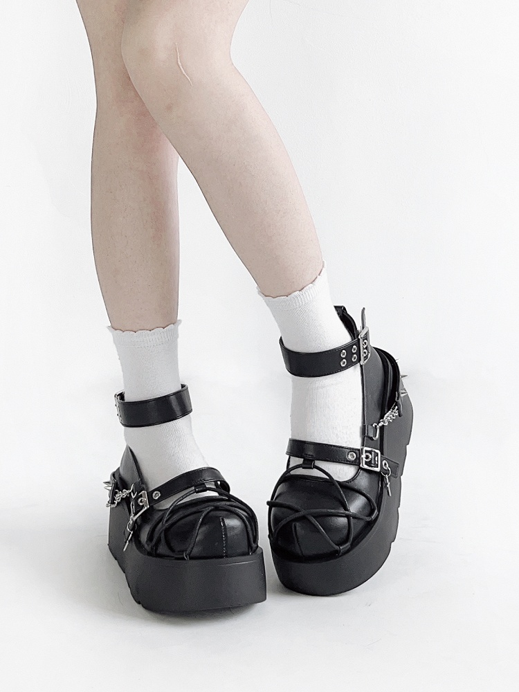 Black Star Design Straps Punk Platforms with Silver-tone Studs and Chains