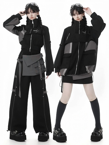 Black and Gray Colorblock Futuristic Techwear Jacket with Drawstring Hem