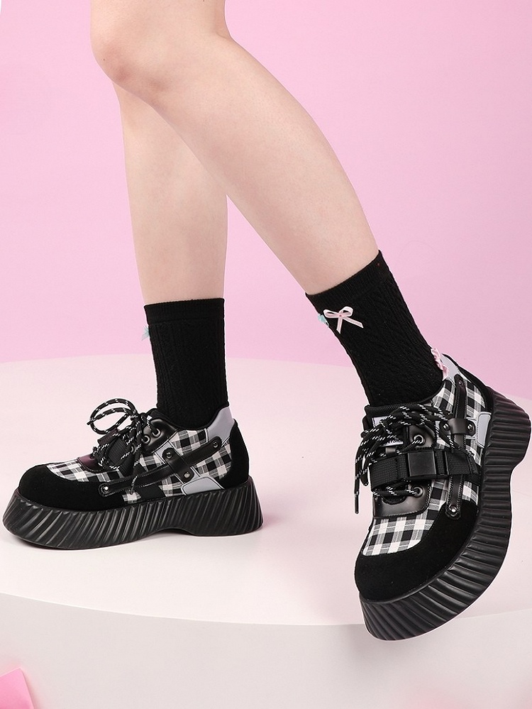 Punk Black Platforms with Plaid Pattern & Lace-up Closure