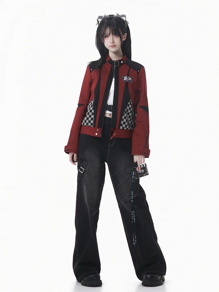 Futuristic Techwear Red & Black Checked Colorblock Motor Jacket with ...