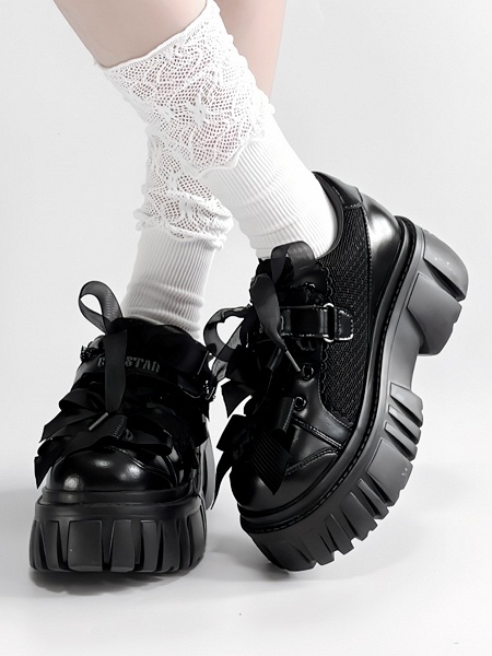 Bow Details & Dual Closure System Black Platforms in Punk Style