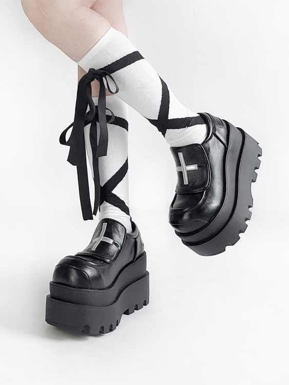 Punk Black Platforms with Easy Slip-on & Cross Design