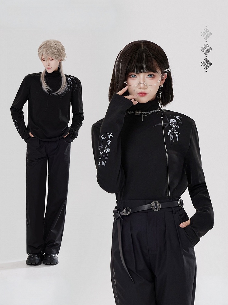 ブラック ニュー中華風ハイネックトップ 太極＆漢詩プリント