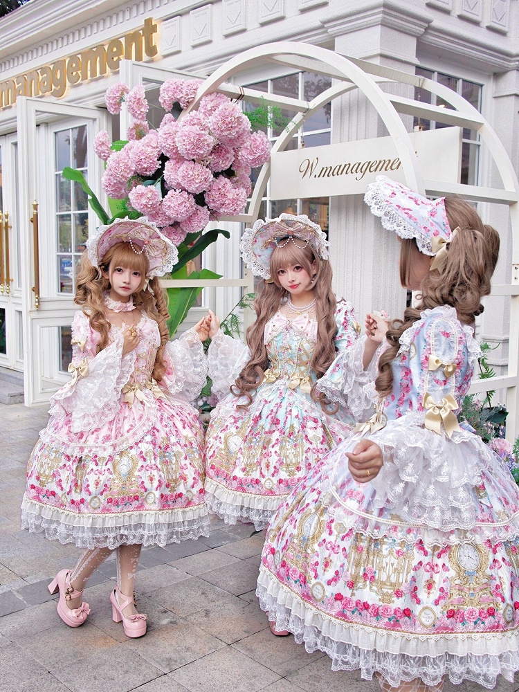 ピンクプリンセススタイル レースボウ ベルスリーブ フラワー