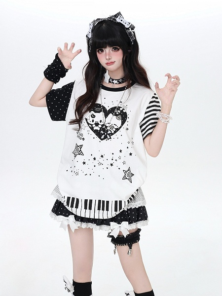 [$33.00]Piano Kitten Theme Print White Round Neck Short Sleeve T-Shirt with Polka Dot and Striped Patterns