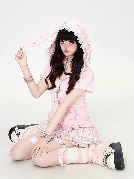 [$45.00]Pink Bunny Ear Hooded Short Sleeve Top with Lace & Print Details