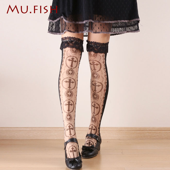 Cross Printed Fleshcolor Front and Black Back Stockings
