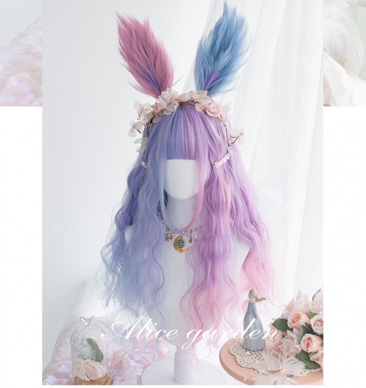 Bunny Bonnie Half Pink And Half Purple Long Wavy Synthetic Wig With Bangs By Alice Garden