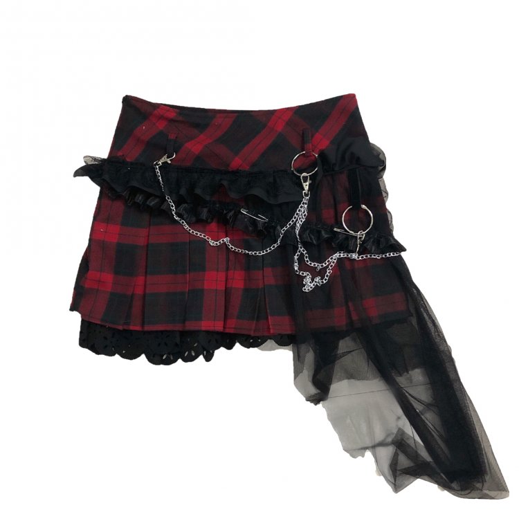 Punk Plaid Lace Decorated Skirt with Side Tulle Train