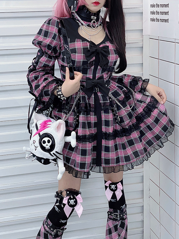 Women Girls Lolita Dress Japanese Kawaii Ruffle Bowknot Sweet Plaid Check
