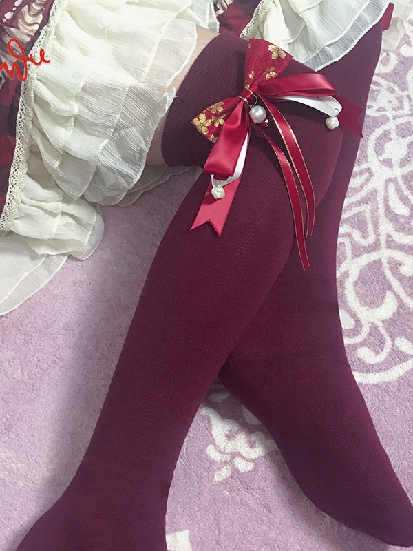 Wine Red Bowknots Overknee Lolita Stockings