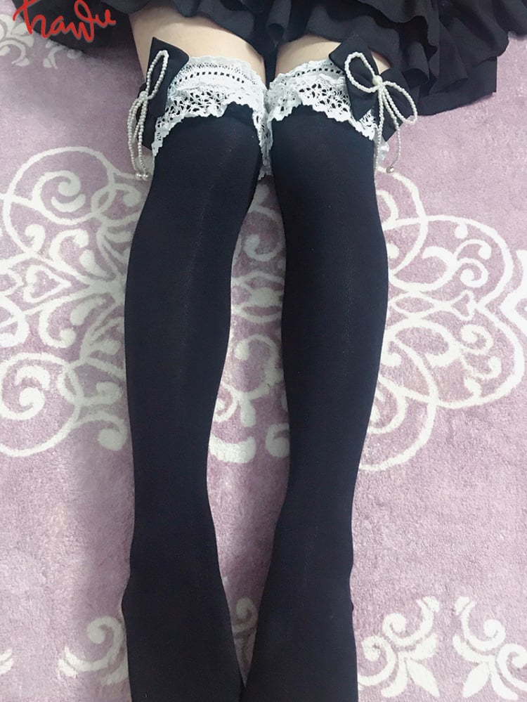 Black Bowknot Beading Chain Overknee Lolita Stockings