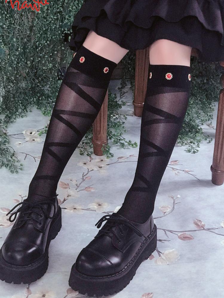Artificial Gem Ultra Thin Cross Underknee Lolita Stockings