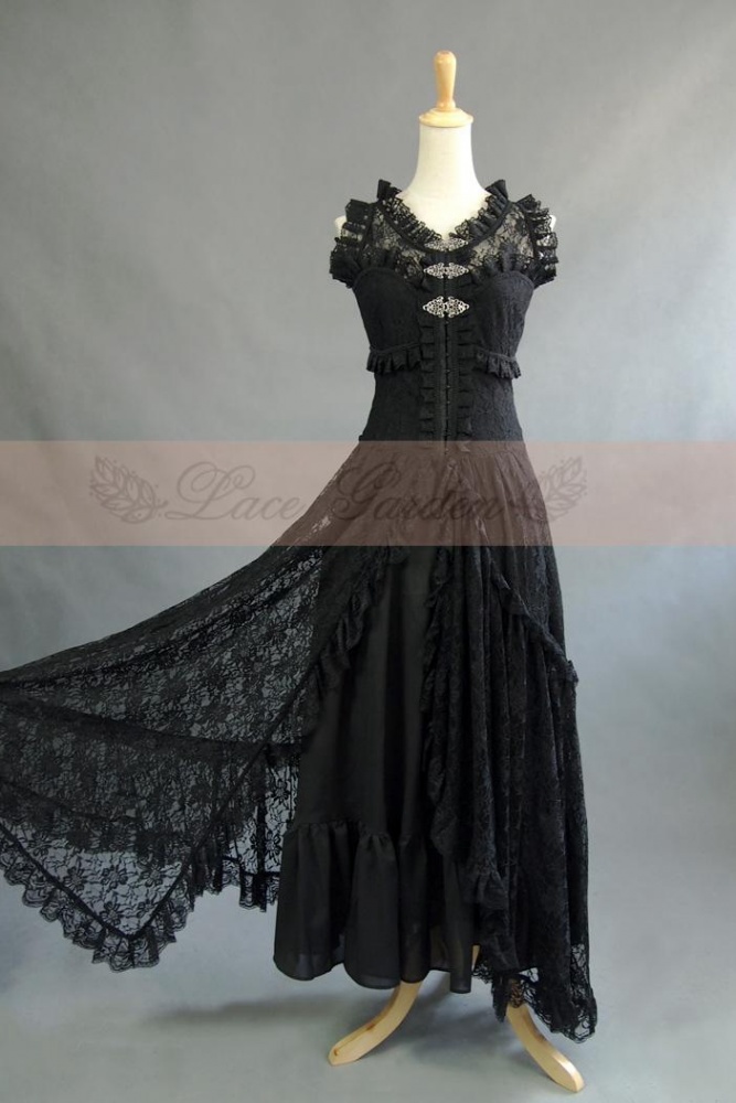 Gothic Victorian Full Lace V-Neck Sleeveless Long Dress by Lace Garden