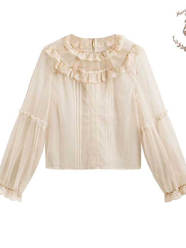 Airy Lace Round Collar Long Sleeve Blouse