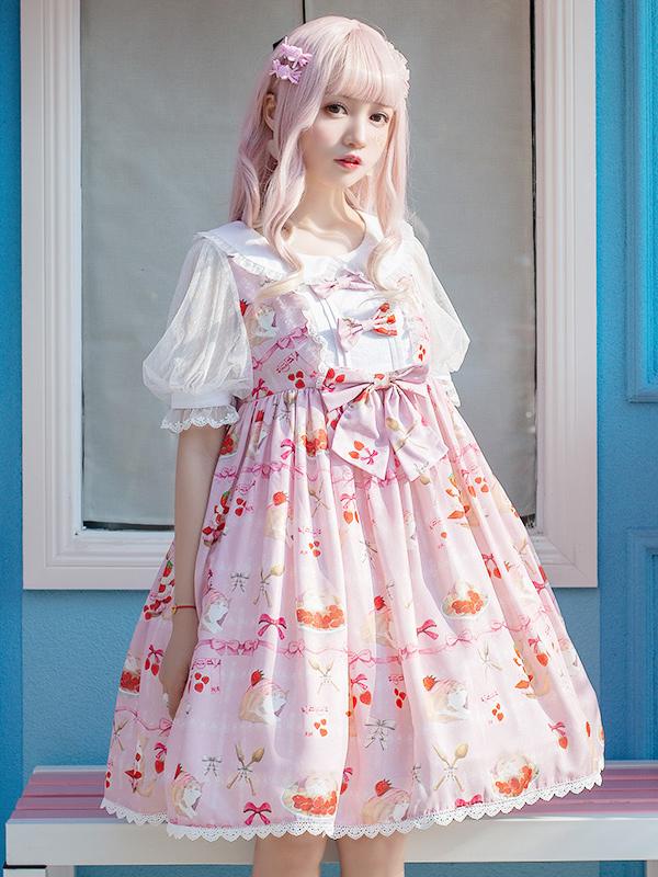 Strawberry Cake Prints Cute Girls Lolita Dress OP