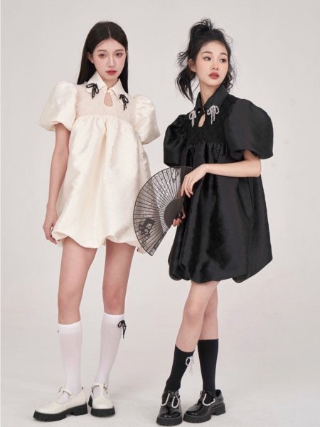 [$75.00]Puff Sleeves Bowknot Details Dress