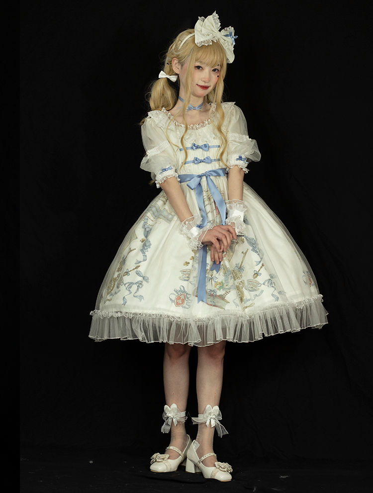 [$72.00]Dream For Alice Color White Bowknot Details Ruffle Hemline Short Sleeves Lolita OP