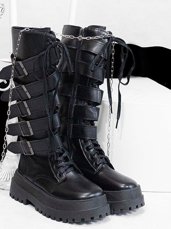 Black Knight Buckle Straps Bandage Boots