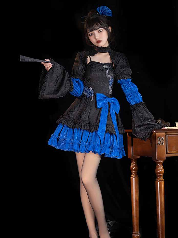 Viper Of The Abyss Sweetheart Neckline Tiered Skirt and Ruffle Trim Lolita Full Set