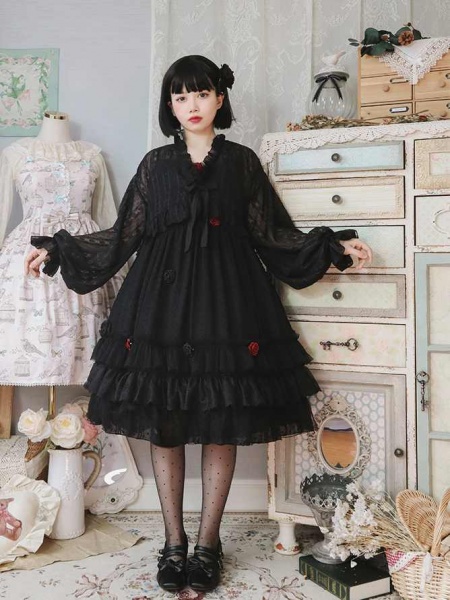 [$59.00]Spring Rippling Black Plus Size Available Empire Waist Lolita JSK