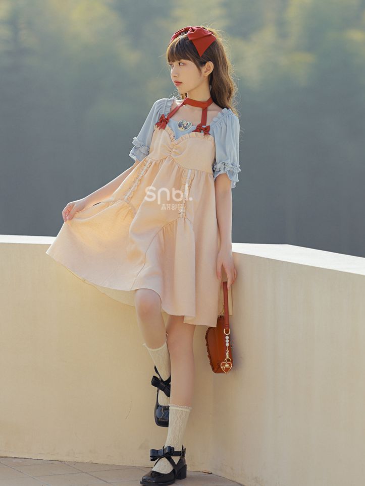[$57.00]Princess Romance Ruffle Neckline Short Puff Sleeves Dress