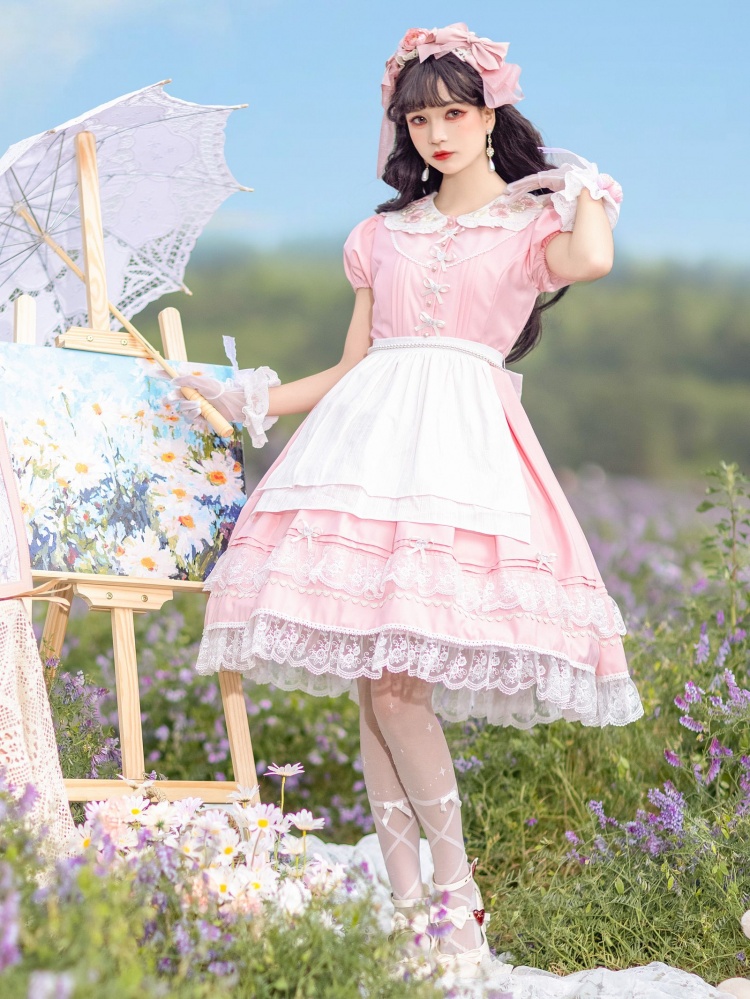 [$74.75]Little Rose Garden Floral Embroidery Peter Pan Collar Short Sleeves  One Piece