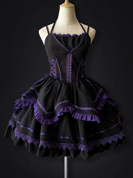 Black and Purple Lace-up Detail Gothic Jumper Skirt With Bow Train ...