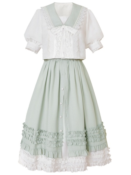 [$42.00]Little Lily Puff Sleeves Blouse / Tiered Skirt and Ruffle Trim Lolita SK