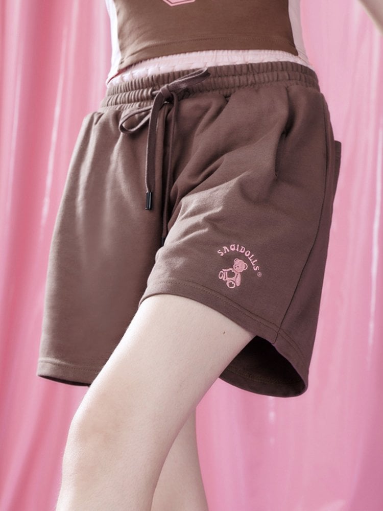 Made-to-Order Bear Embroidery Natural Banded Waist Shorts