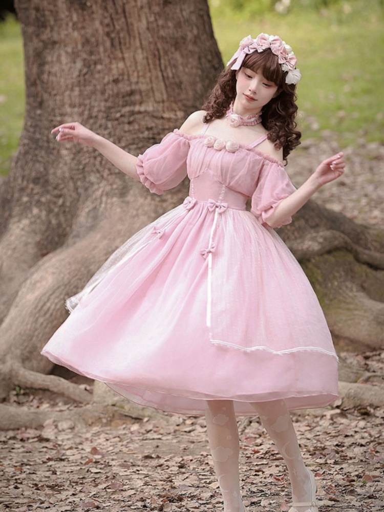 [$52.00]Flower Stream Off-the-shoulder Neckline Bowknot Details Tiered Skirt Short Sleeves Lolita OP