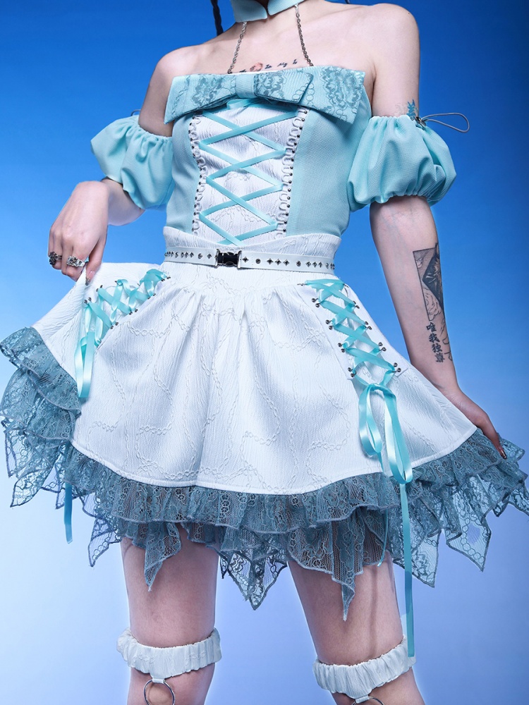 [$47.25]Virtual Idol Lace-up Detail Handkerchief Hem Skirt