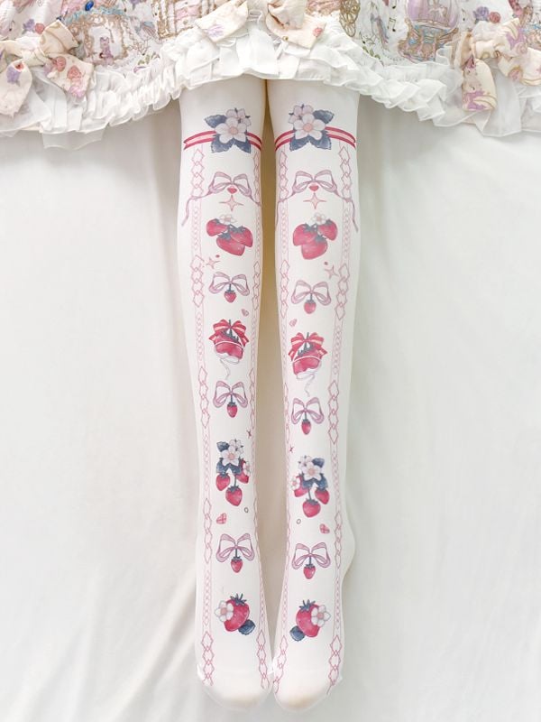 Cotton Strawberry and Bowknots Print Tights