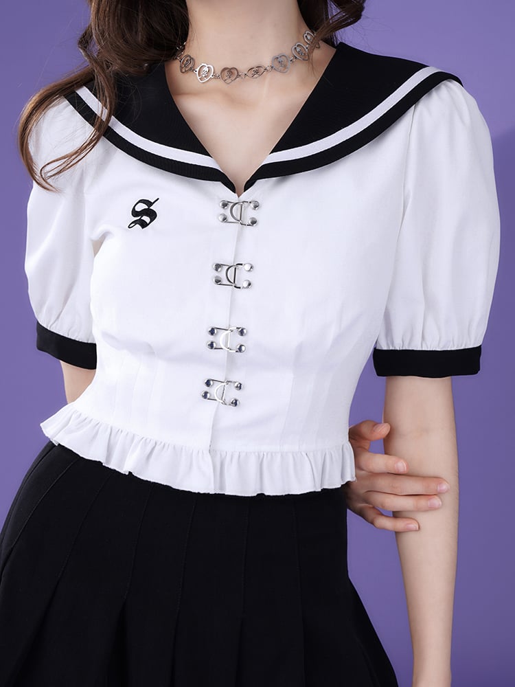 Puff Sleeves Sailor Collar Ruffle Trim Top