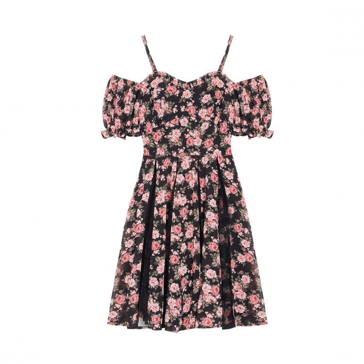 Floral Print Sweetheart Neckline Puff Sleeves with Ruffle Elastic Cuffs ...