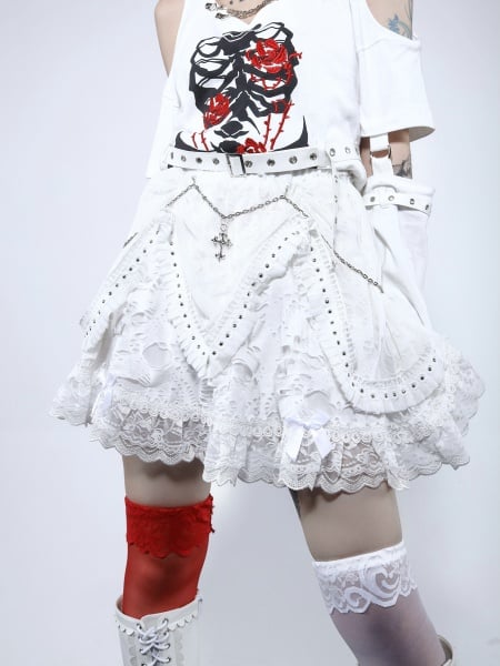 [$53.78]Cross Pendant Chain Shirring Waist White Gothic Skirt