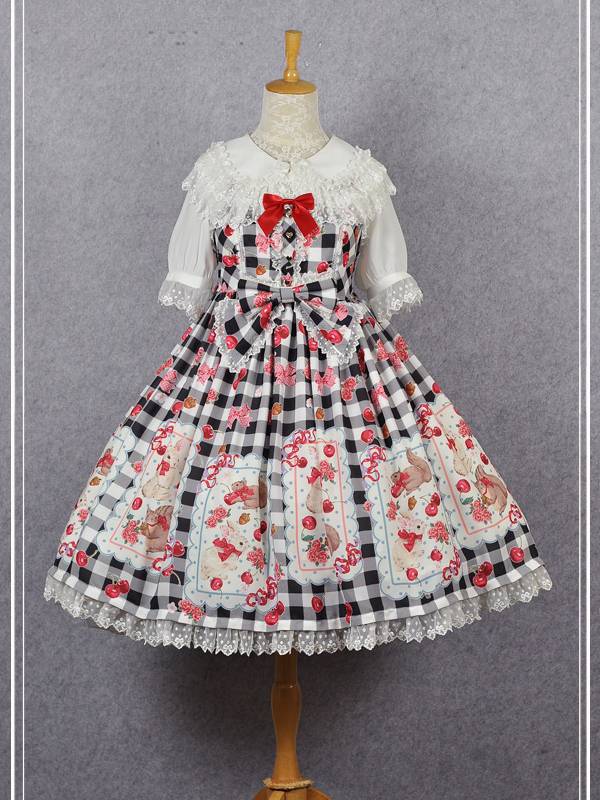 [$109.50]Berry Forest Contrast Lace Patches Ruffle Hem Lolita JSK