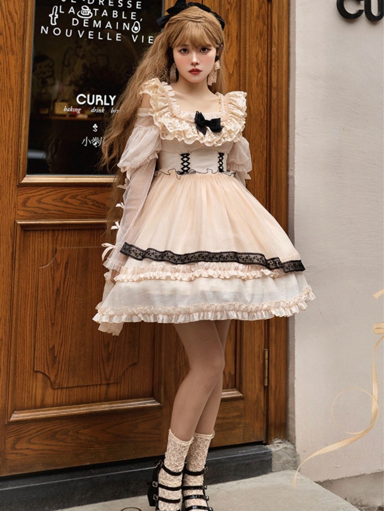 [$49.50]Cocoa Roll Ruffle Neckline Tiered Skirt and Ruffle Trim Lolita JSK
