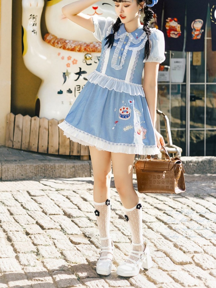 Go on a Trip Stars and Cake Embroidery Ruffle Trim Short Sleeves Lolita OP
