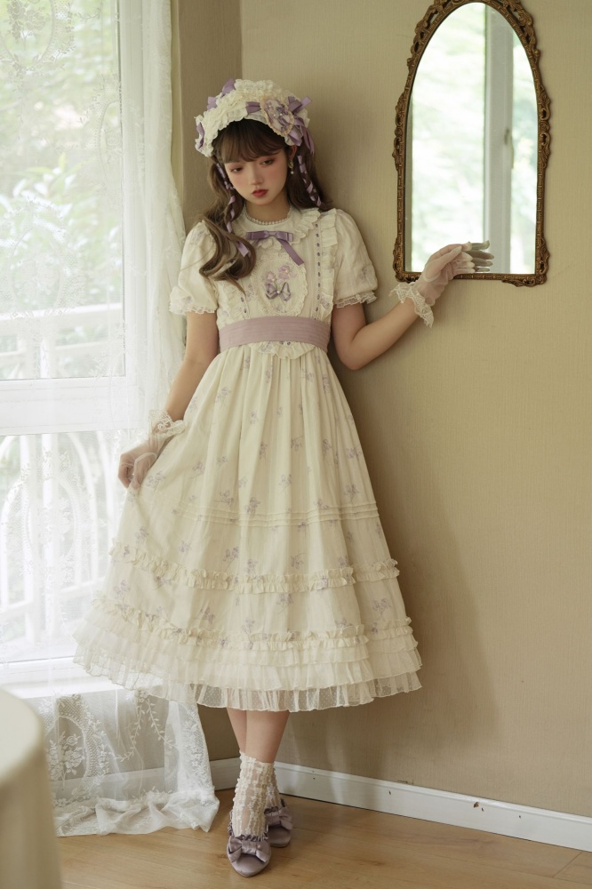 Iris Short/Long Version Floral Print Short Sleeves Lolita OP Full Set