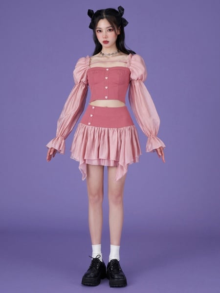 [$37.50]Pink Mermaid Sweetheart Neckline Top Handkerchief Hem Skirt