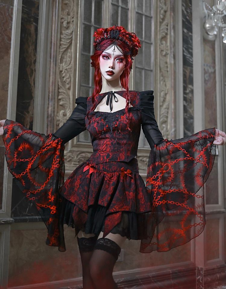 Romantic Goth Vampire Jacquard Top with Chain Embroidery Flounce Sleeves