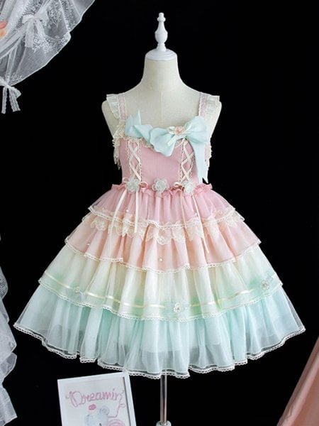 [$74.75]Rainbow Tata Lace-up Detail Tiered Skirt and Flounce Hem Lolita JSK