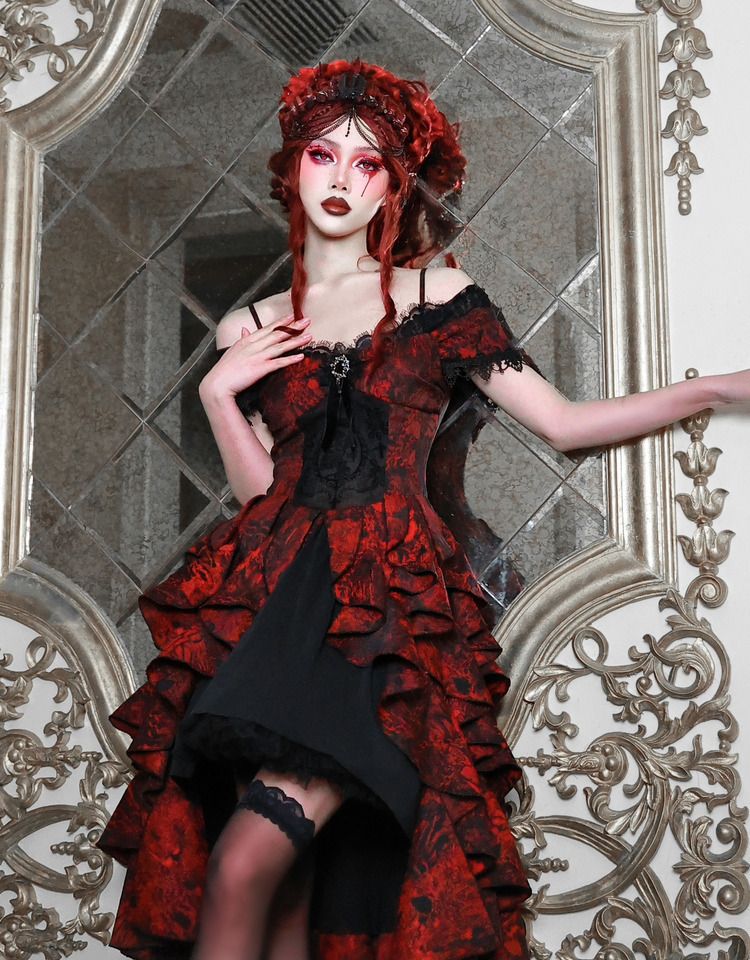 Clearance-Size L for Bust 90CM Romantic Goth Dress Cascading Ruffle Trim Wine  Red and Black Vampire Dress