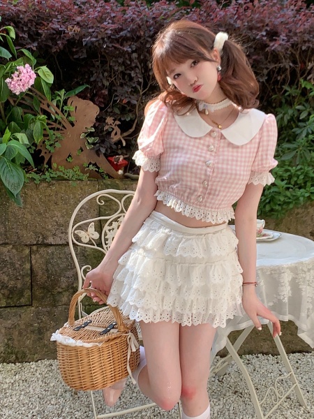 [$25.43]Pink Plaid Pattern Top/White Tiered Ruffle Trim Skirt