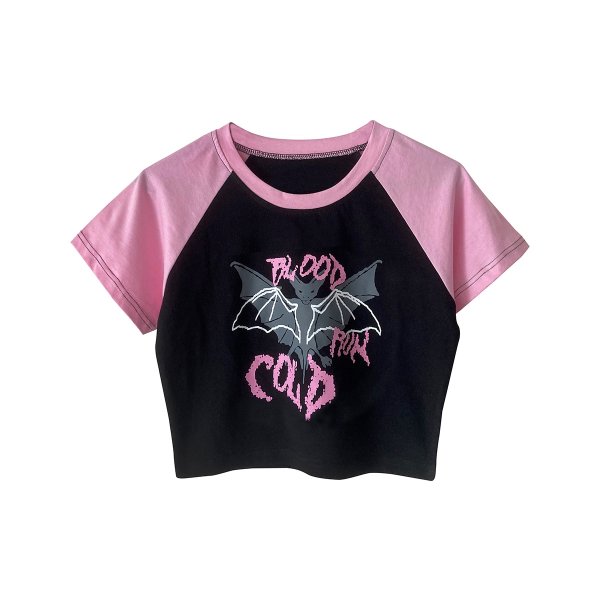 [$22.57]Black and Pink Bat Print Y2k Cropped Top