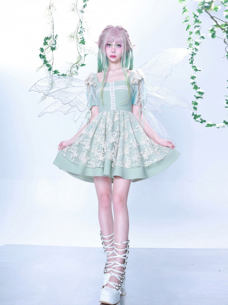 [$74.50]Daydreaming Lace Cross Design Puff Sleeves Dress