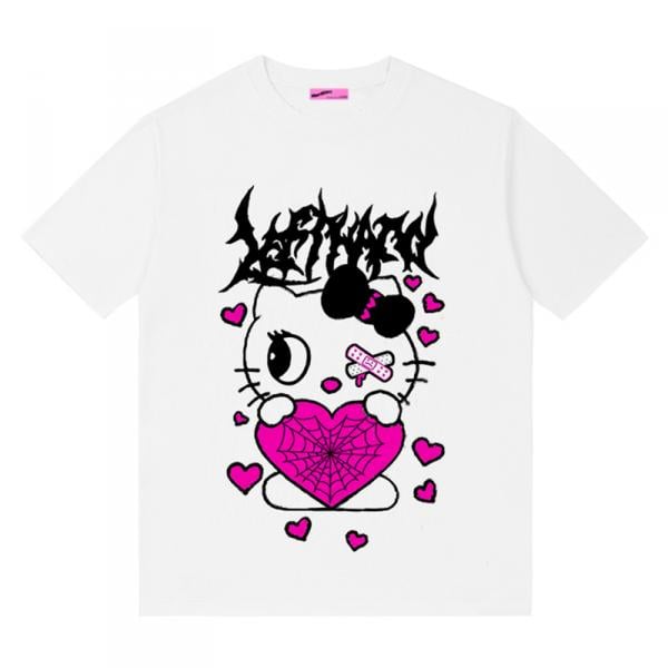 [$19.71]White Heart Kitty Print/Black Dark Kitty Print T-shirt